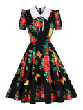 Turn-Down Collar Short Sleeve Summer Retro Floral Holiday Women High Waist Pleated Vintage Green Dress