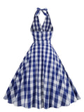 Ruched V-Neck Halter Sexy Women Pink and White Plaid Dress High Waist Party Evening Backless Cotton Vintage 50s Dresses