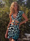 New Summer Sexy Stomach Leakage Fold Strap Ruffled Ladies Leopard-print Hollow Skirt Dress