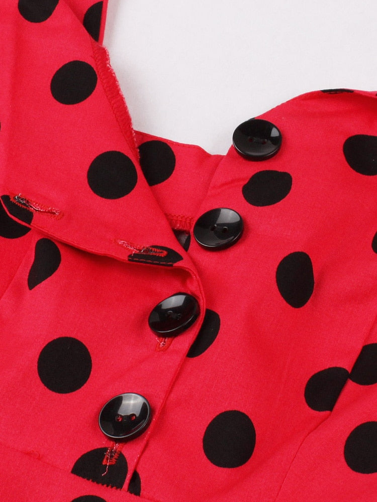 Spaghetti Strap Button Up Cotton Polka Dot Vintage Summer Women Retro 50s Rockabilly Party Red Dress