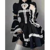 Harajuku Maid Kawaii Lolita Costumes Hollow Out Aesthetic Cosplay Lace Trim Y2k Anime Dress