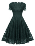 V-Neck High Waist Lace Elegant Party Vintage Midi Dress Short Sleeve Summer Style Pleated Swing Dress