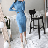 New Knitted Turtleneck Long Sleeve Slim Mid-length Over-the-knee Dress