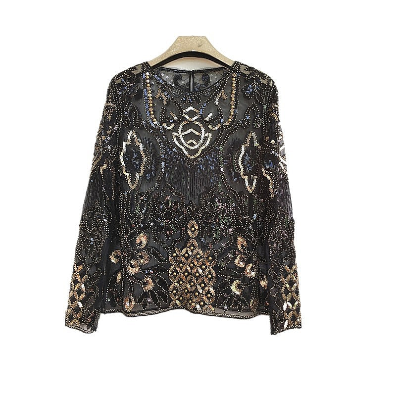Women Sequined Blouse Tops See-through Sexy O-neck Mesh Blusas Shirt Long Sleeve Floral Beading Lady Blouses