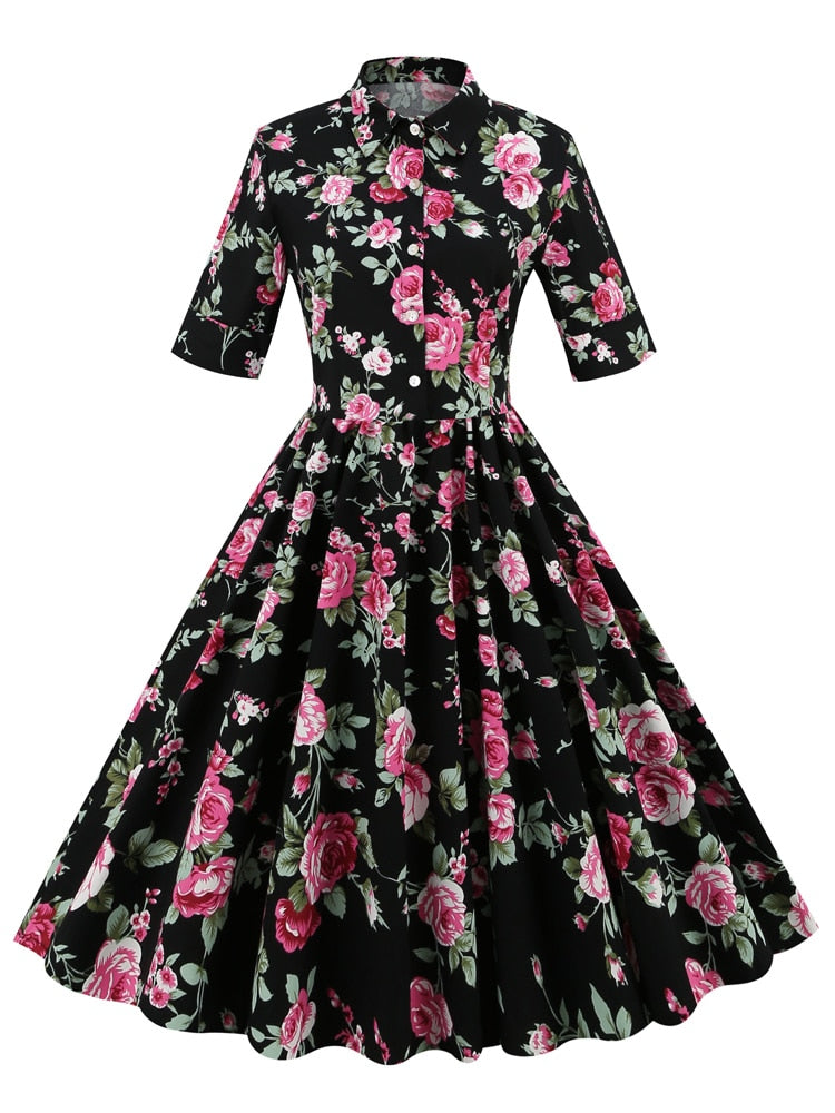 Turn Down Collar Button Up Floral Print Vintage Birthday Women Elegant 50s Pinup Pleated Gorgeous Dresses