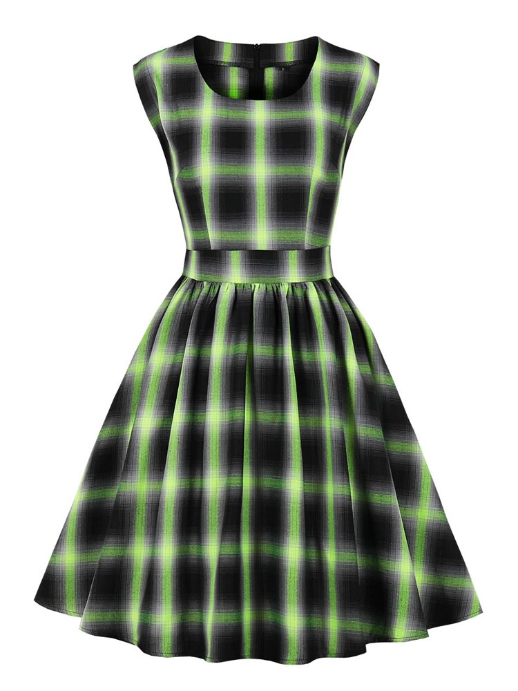 Green and Black Plaid Vintage Slim Pleated Women O-Neck Sleeveless Party Retro Dress