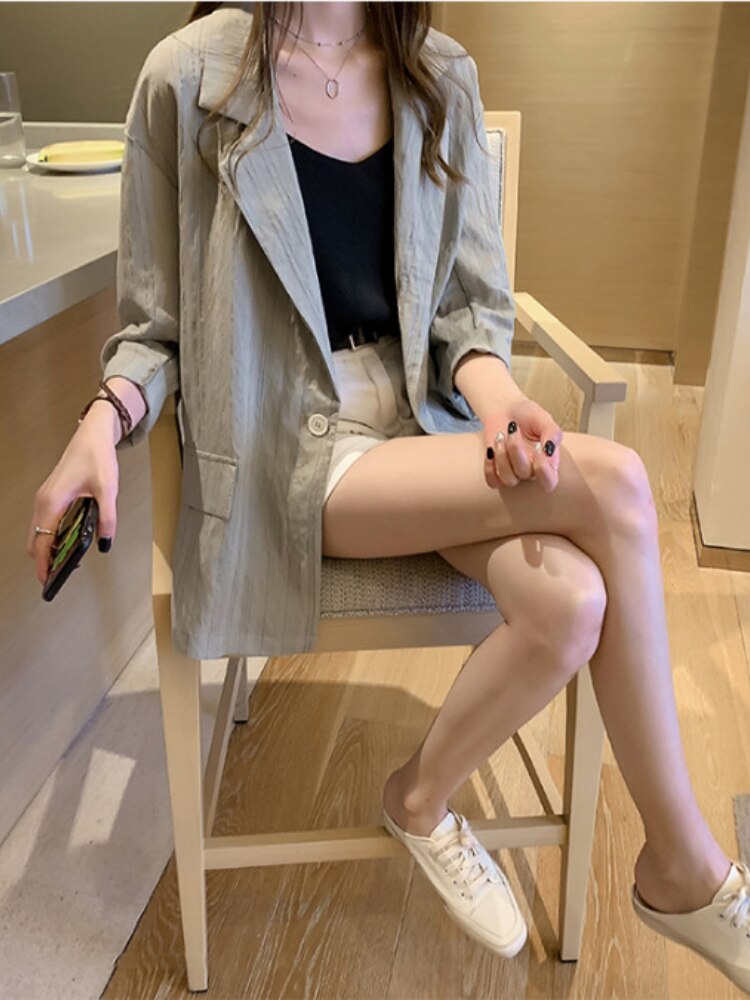 Women Thin Jacket Long Stripe Casual Loose Small Suit Cardigan Sun-protective Clothing