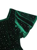Dotted Velvet Green Elegant Party Christmas Winter Dresses for Women Square Neck Ruffle Sleeve Vintage Midi Swing Dress