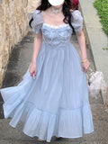 Summer Blue Elegant Fairy Bow Bandage Party Midi Casual Korean Lace Chic Lolita Dress