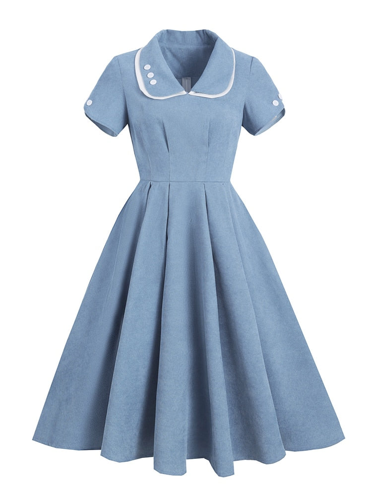 Light Blue Turn Down Collar Vintage Pleated Corduroy Petal Sleeve Elegant Women Pocket Side Solid Midi Dress