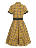 Yellow Plaid Rockabilly 50s Vintage A-Line Dresses Summer Women Turn Down Collar Belted Cotton Retro Dress