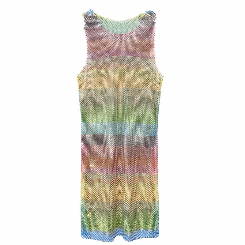 Bright Diamond Rainbow Y2K Hollow Rhinestones See-through Mesh Women Neon Color Shift Dress