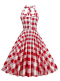 Gingham 50s Style Red Plaid Rockabilly Vintage Women Button Front Halter Party Elegant Backless Dress