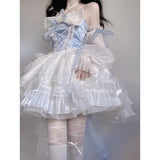 Elegant Girl Cosplay Princess Puff Sleeve Ribbon Bowknot Flower Tunic Mesh Fantastic Fairy Lolita Dress