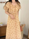 V-Neck Slim-Fit Holiday Women Summer Florals Ruffles Elegant Retro Lady Chic Cake Dress