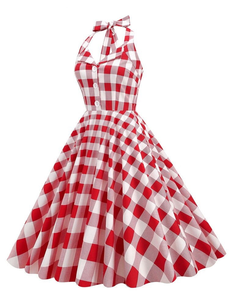 Gingham 50s Style Red Plaid Rockabilly Vintage Women Button Front Halter Party Elegant Backless Dress
