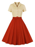 Two Tone Notched Collar Buttons Belted A-Line Vintage Women Short Sleeve Summer Elegant Midi Dress