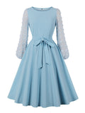 Swiss Dot Mesh Long Sleeve Spring Belted Swing Women Light Blue Elegant Ladies Midi Dresses