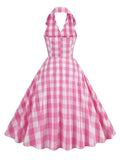 Pink Plaid Print Halter Neck Evening Party Birthday Dresses for Women Backless High Waist Rockabilly Vintage Dress