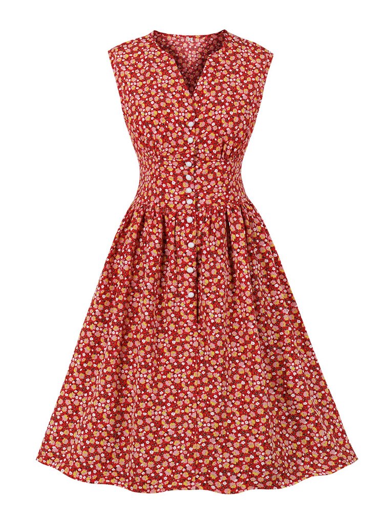 V-Neck Single-Breasted Floral High Waist Summer Women Sleeveless 50s Vintage Pleated Dresses Elegant