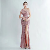 Elegant Slash Neck Feather Sequin Evening Women Beading Long Party Maxi Dress