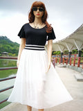 New Women Office Casual High Waist Ruffle Round Neck Pleated Short Sleeved Dress