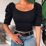 Spring and Summer New Simple Square Neck Bubble Sleeve Top