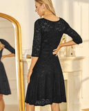 Lace Dress Party Evening Elegant Luxury Celebrity Scalloped V-Neck 3/4 Length Sleeve Women High Waist Vintage Dresses