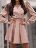 Elegant Silk Noodles Solid Color Slim Mini Casual Wrap Long Sleeve Belt A-Line Short Dress
