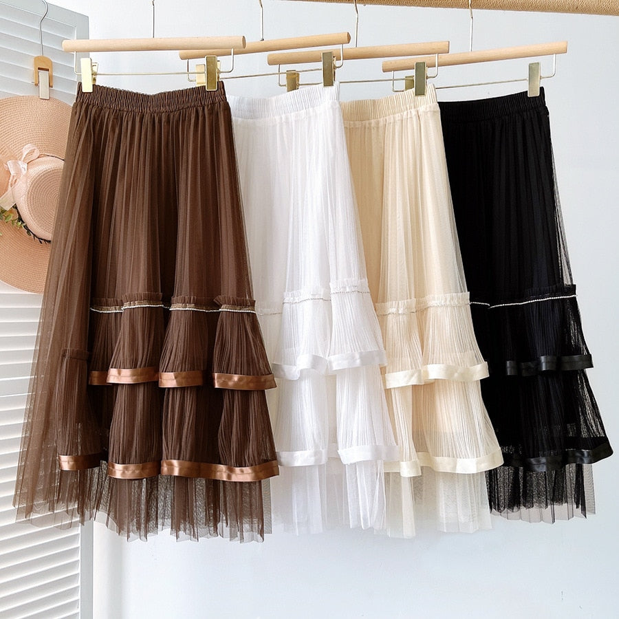 New Spring Women Elastic High Waist Pleated Irregular Mesh Elegant Tutu Skirt Streetwear