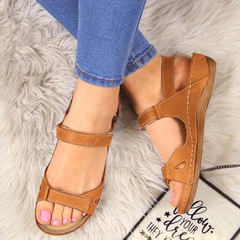 New Style Ladies Sandals Low Heel Wedge Casual Women Fashion Leather New Shoes