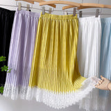 Women Lace Patchwork Pleated Sweet Solid Elastic High Waist Elegant Skirt Streetwear