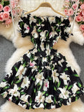 New Summer Short-sleeved Elegant Temperament Off-shoulder Elastic Waist Print Ruffled A Skirt Dress