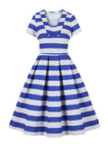 Blue and White Striped Pinup 40s 50s Women Vintage Pleated Dress V Neck Short Sleeve Polka Dot Print Retro Dresses