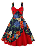 Bow Front Floral Print Rockabilly Vintage Robe Spaghetti Strap Women Sexy Party Fit and Flare Summer Dress