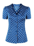 Women Blue Vintage Button Up Shirt V-Neck Short Sleeve Polka Dot Tops Summer Retro Style Slim Shirts