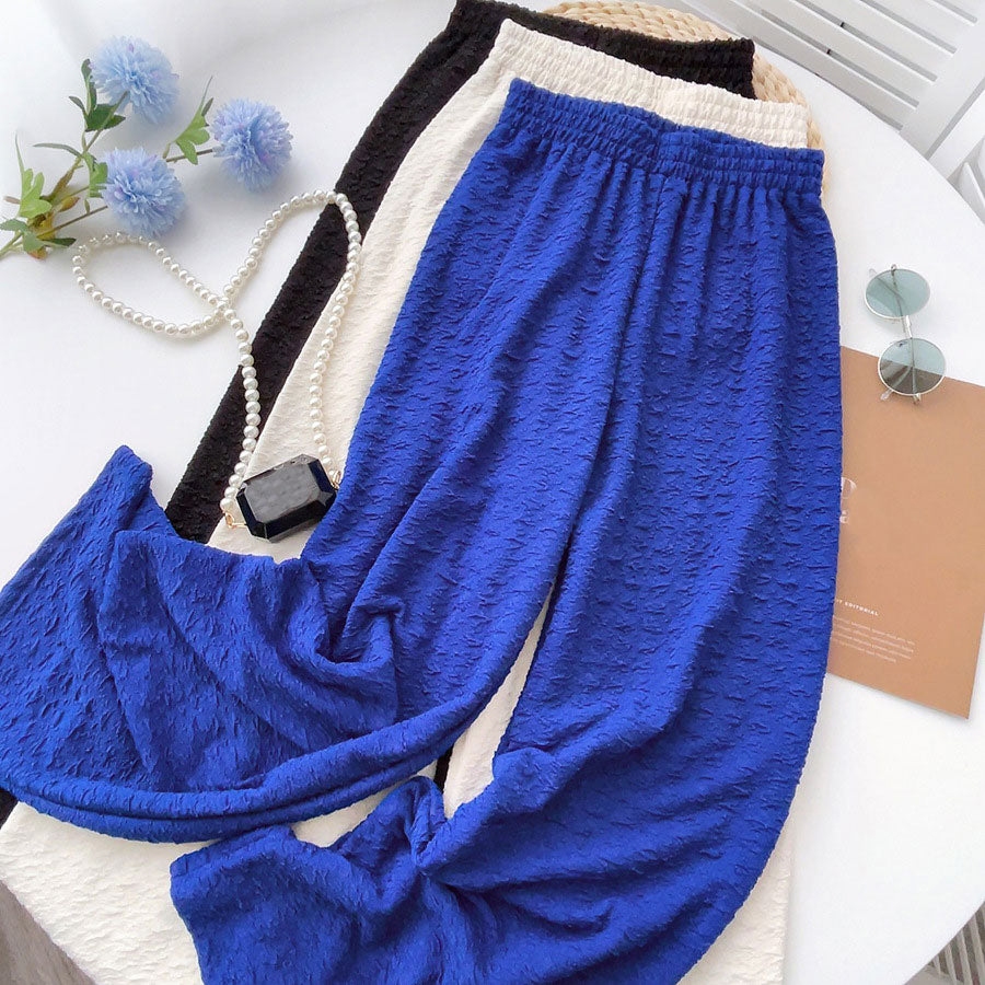Elastic High Waist Women Casual Loose Wide Leg Solid Straight Pants Long Trousers