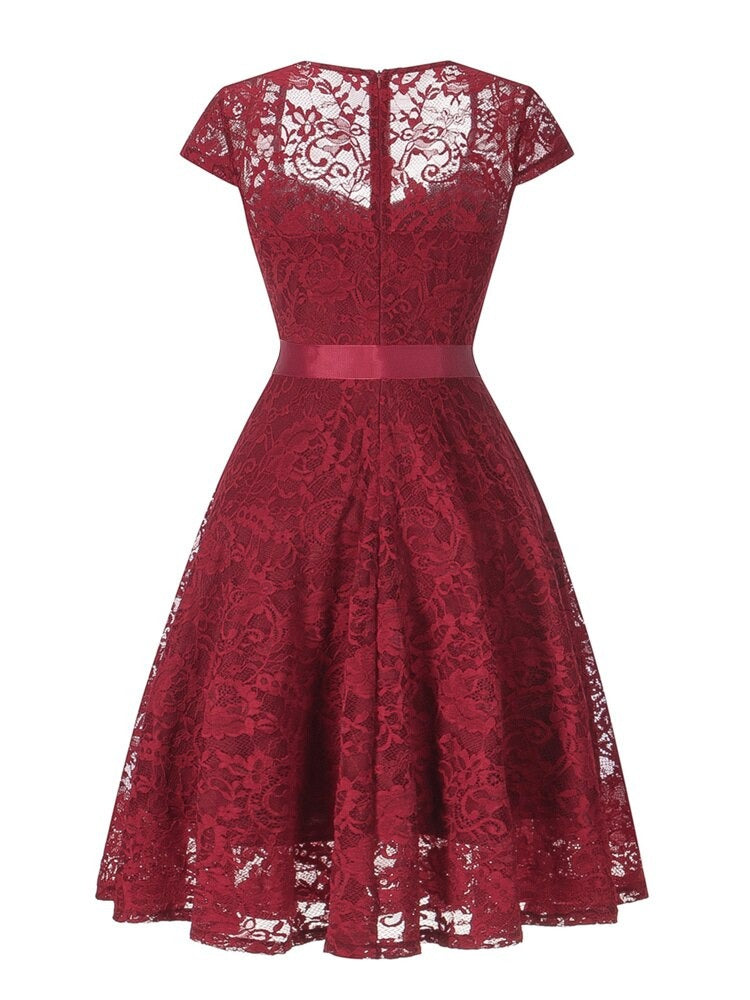 Sweetheart Neck Elegant Burgundy Lace Evening Party Cap Sleeve Summer Vintage A-Line Swing Dress