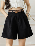 Women High-Waisted Casual Loose A-line Wide Leg Belt Straight Shorts Cargo Pants