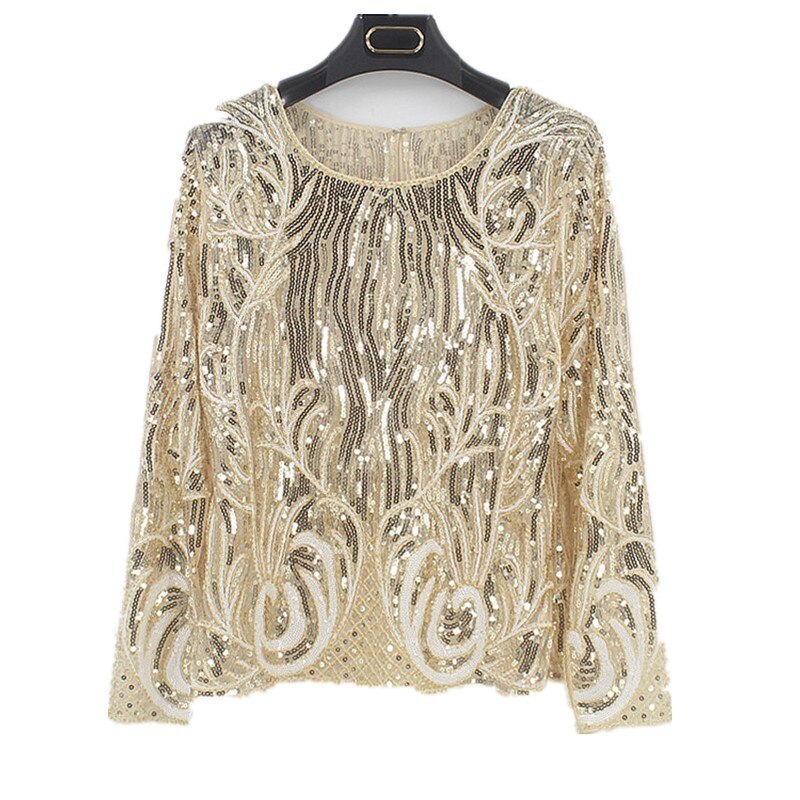 Lace Women Sexy Long Sleeves Sequined Beading Tee Tops Sexy Casual Slim Fit Blouses