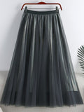 Fashion Women Glitter Lining Tulle Skirt Summer Elastic High Waist Elegant Mesh Midi Skirt