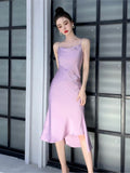 New Women Spaghetti Strap Satin Midi Dress Elegant Sexy Bodycon Party Prom One Piece