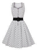 Sweetheart Neck Button Up Pinup Robes Polka Dot Vintage White Women Sleeveless Pocket Side Belted A-Line Dresses