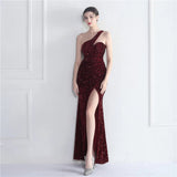 Sexy Slit Black Velour Sequin Evening Dress Women Slash Neck Party Maxi Long Prom Dress