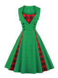 Green and Tartan Patchwork Rockabilly Cotton Dresses for Women Square Neck Double Breasted Summer Retro Vintage Dress
