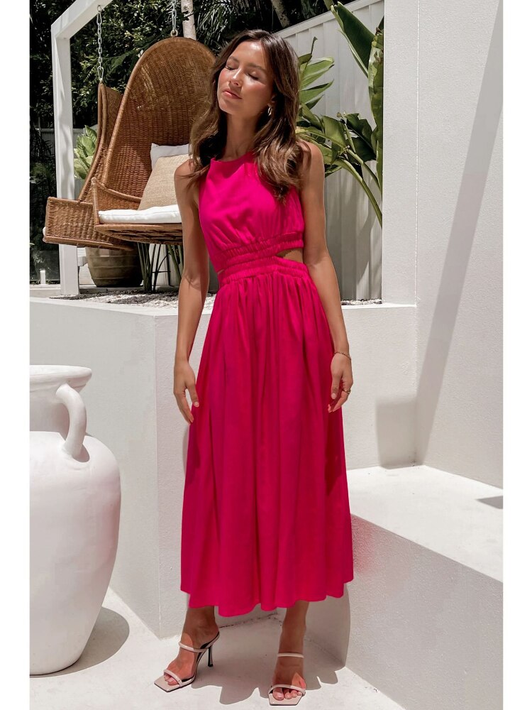Summer New Women Open Back Rubber Band Sexy Elastic Hollow Waist Mid-length Solid Color Skirt Dress