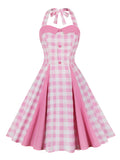 Sweetheart Neckline Halter Retro Evening Women Vintage Dress Button Front Pink Plaid Patchwork Backless Dress