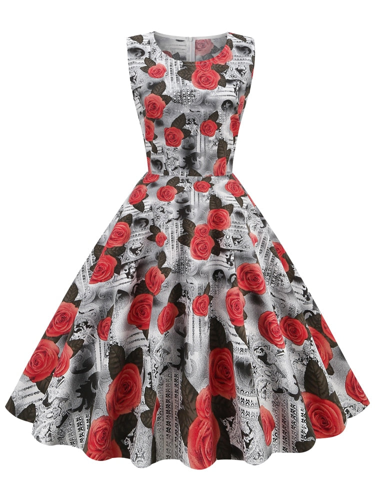Elegant 50s Robe Retro Pinup Summer Floral O-Neck Sleeveless Women Cotton Vintage Print Dresses