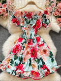 New Summer Short-sleeved Elegant Temperament Off-shoulder Elastic Waist Print Ruffled A Skirt Dress