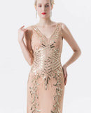 V-Neck Sequin Embroidered Women Elegant Luxury Cocktail Dresses Evening 1920s Party Backless Flapper Maxi Long Dress